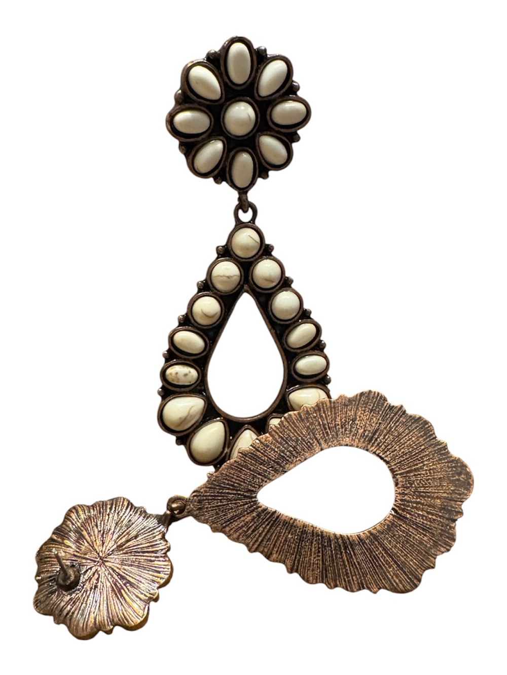 Boho Western White Howlite Stone Squash Blossom Drop Earrings - Picture 8 of 8